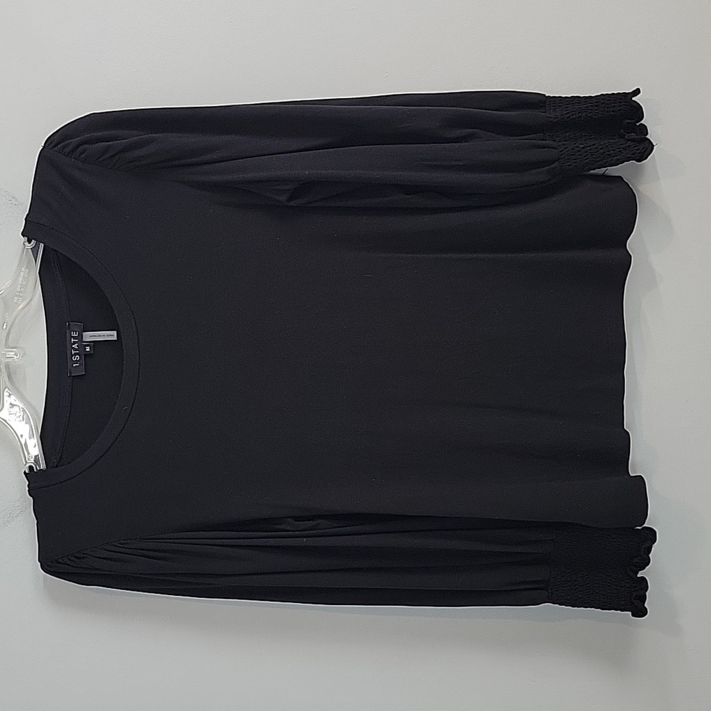 1 STATE black puff balloon sleeve smocked cuffs shirt